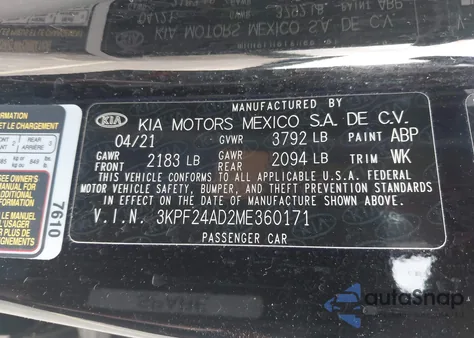 2021 Kia Forte Fe/Lxs from USA, damaged, VIN 3KPF24AD2ME360171